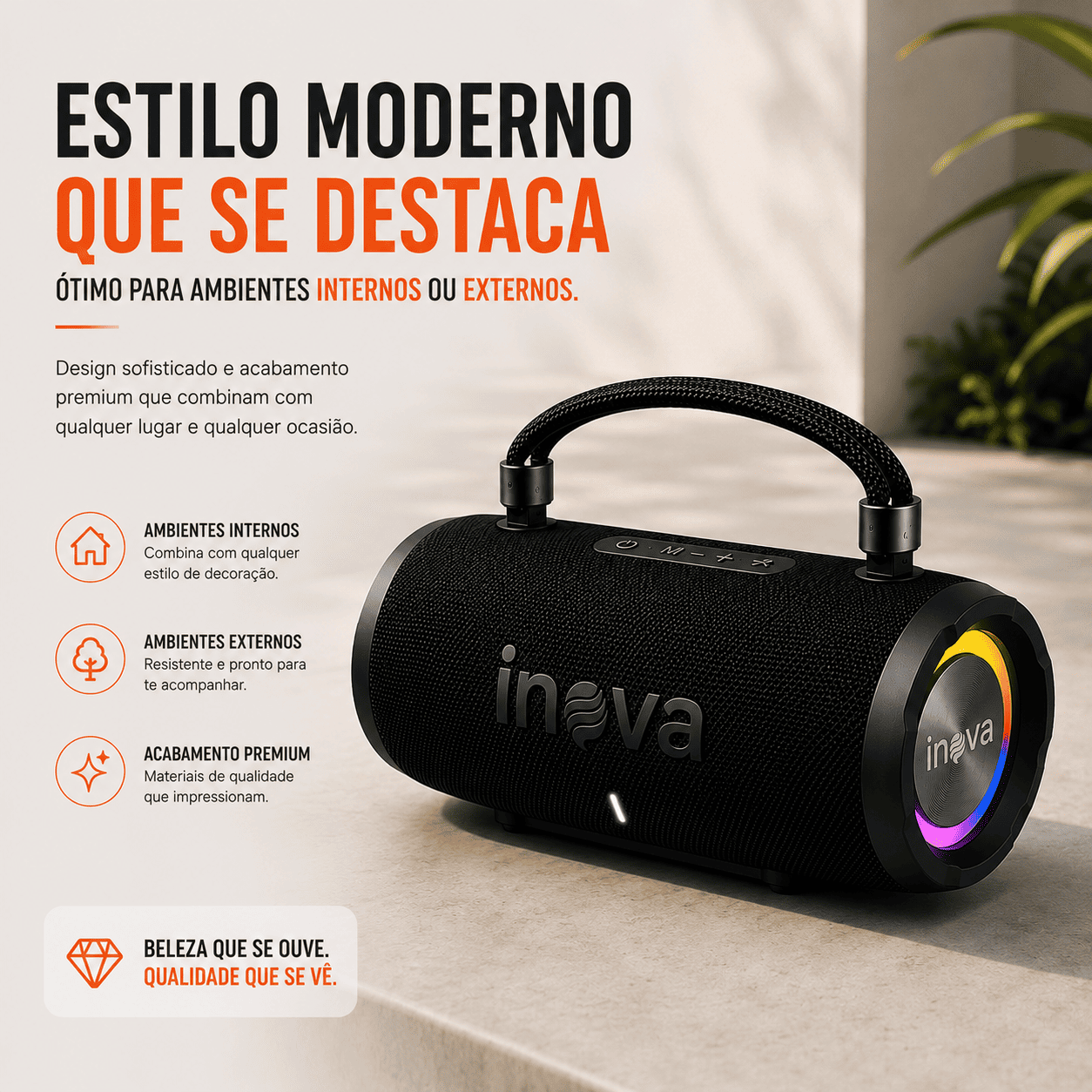 INOVA Caixa de Som Bluetooth 5.4 com Música 12 Horas por Dia - Som Estéreo Explosivo, Luzes RGB Coloridas, Impermeável IPX6 - Sua Companheira Perfeita para Praia, Acampamento e Festas — imagem 6
