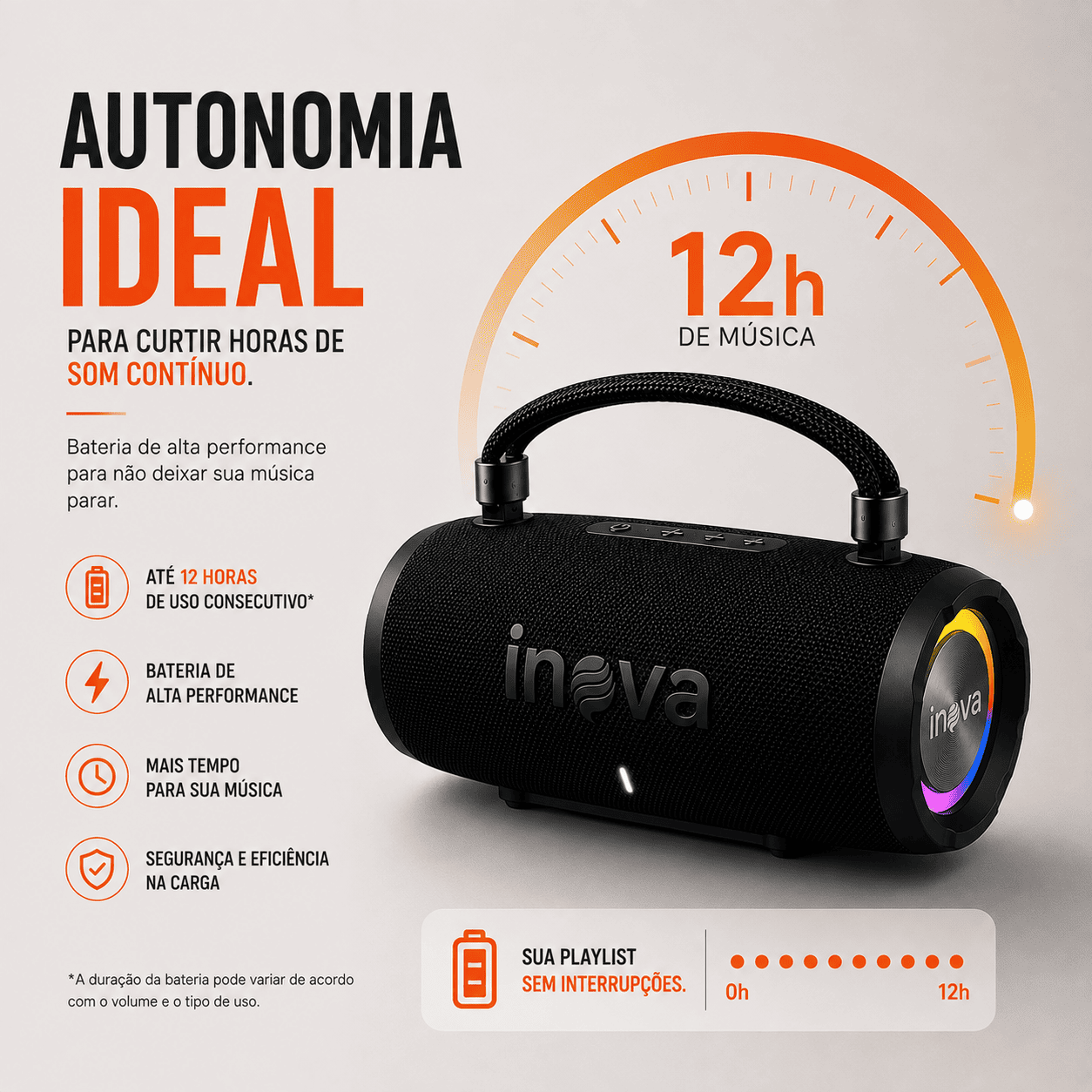 INOVA Caixa de Som Bluetooth 5.4 com Música 12 Horas por Dia - Som Estéreo Explosivo, Luzes RGB Coloridas, Impermeável IPX6 - Sua Companheira Perfeita para Praia, Acampamento e Festas — imagem 5