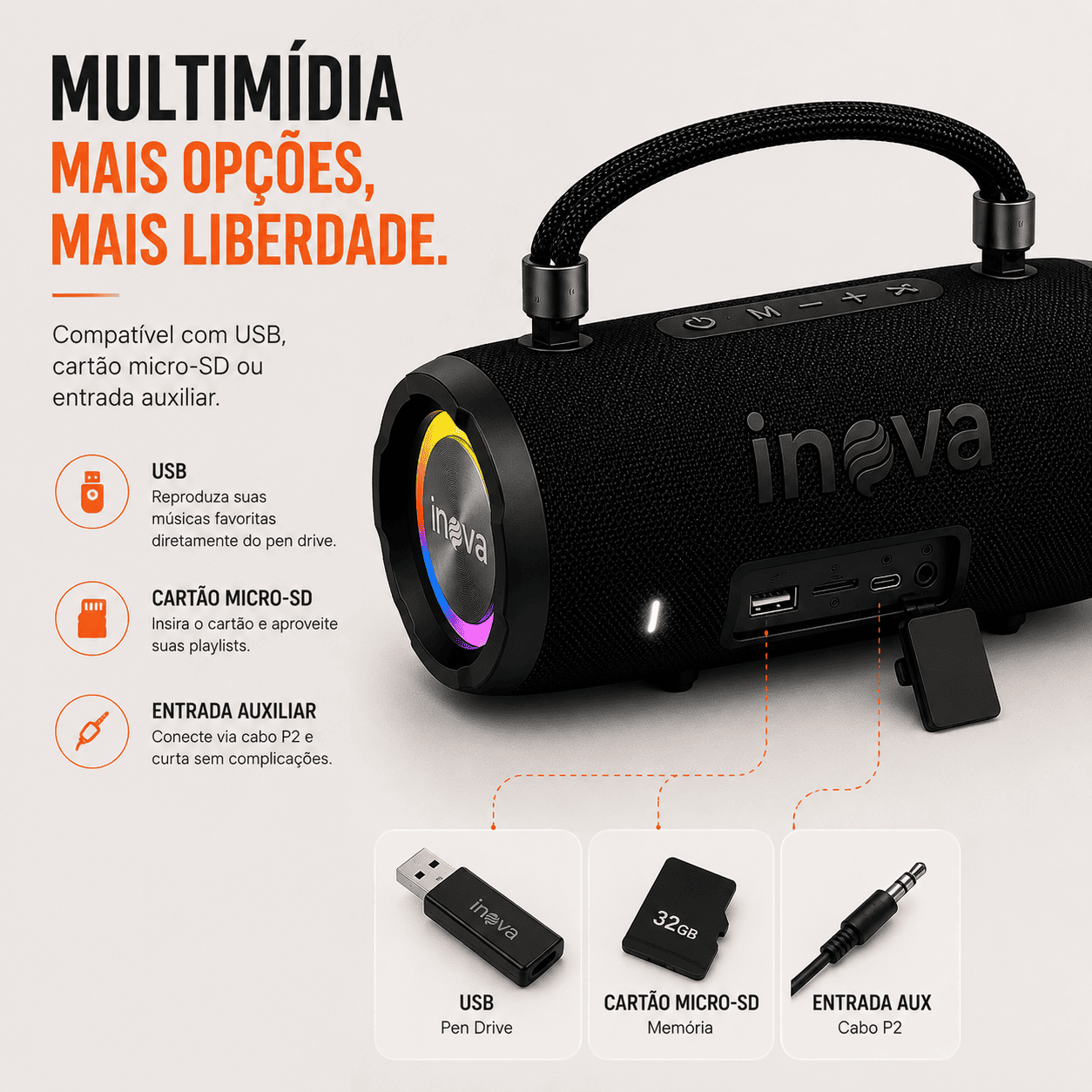 INOVA Caixa de Som Bluetooth 5.4 com Música 12 Horas por Dia - Som Estéreo Explosivo, Luzes RGB Coloridas, Impermeável IPX6 - Sua Companheira Perfeita para Praia, Acampamento e Festas — imagem 4