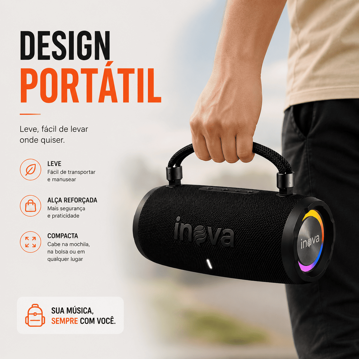 INOVA Caixa de Som Bluetooth 5.4 com Música 12 Horas por Dia - Som Estéreo Explosivo, Luzes RGB Coloridas, Impermeável IPX6 - Sua Companheira Perfeita para Praia, Acampamento e Festas — imagem 3