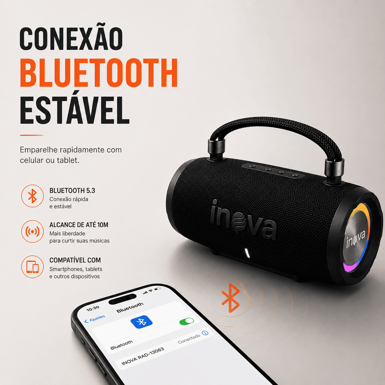 INOVA Caixa de Som Bluetooth 5.4 com Música 12 Horas por Dia - Som Estéreo Explosivo, Luzes RGB Coloridas, Impermeável IPX6 - Sua Companheira Perfeita para Praia, Acampamento e Festas — imagem 2