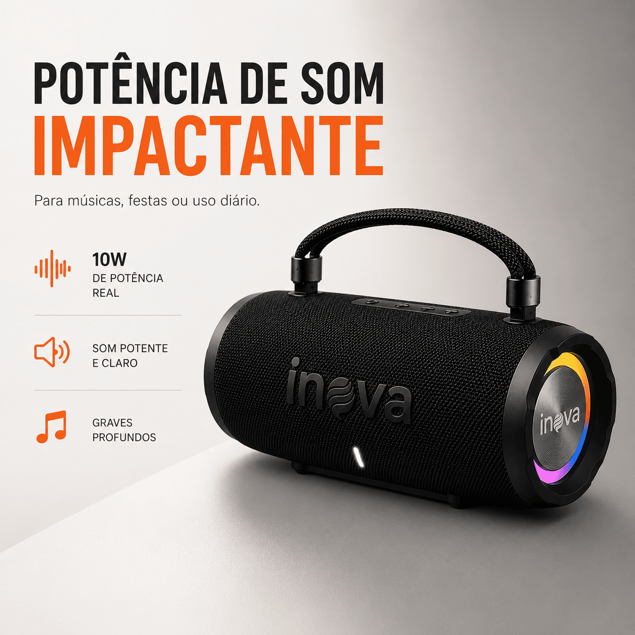 INOVA Caixa de Som Bluetooth 5.4 com Música 12 Horas por Dia - Som Estéreo Explosivo, Luzes RGB Coloridas, Impermeável IPX6 - Sua Companheira Perfeita para Praia, Acampamento e Festas — imagem 1