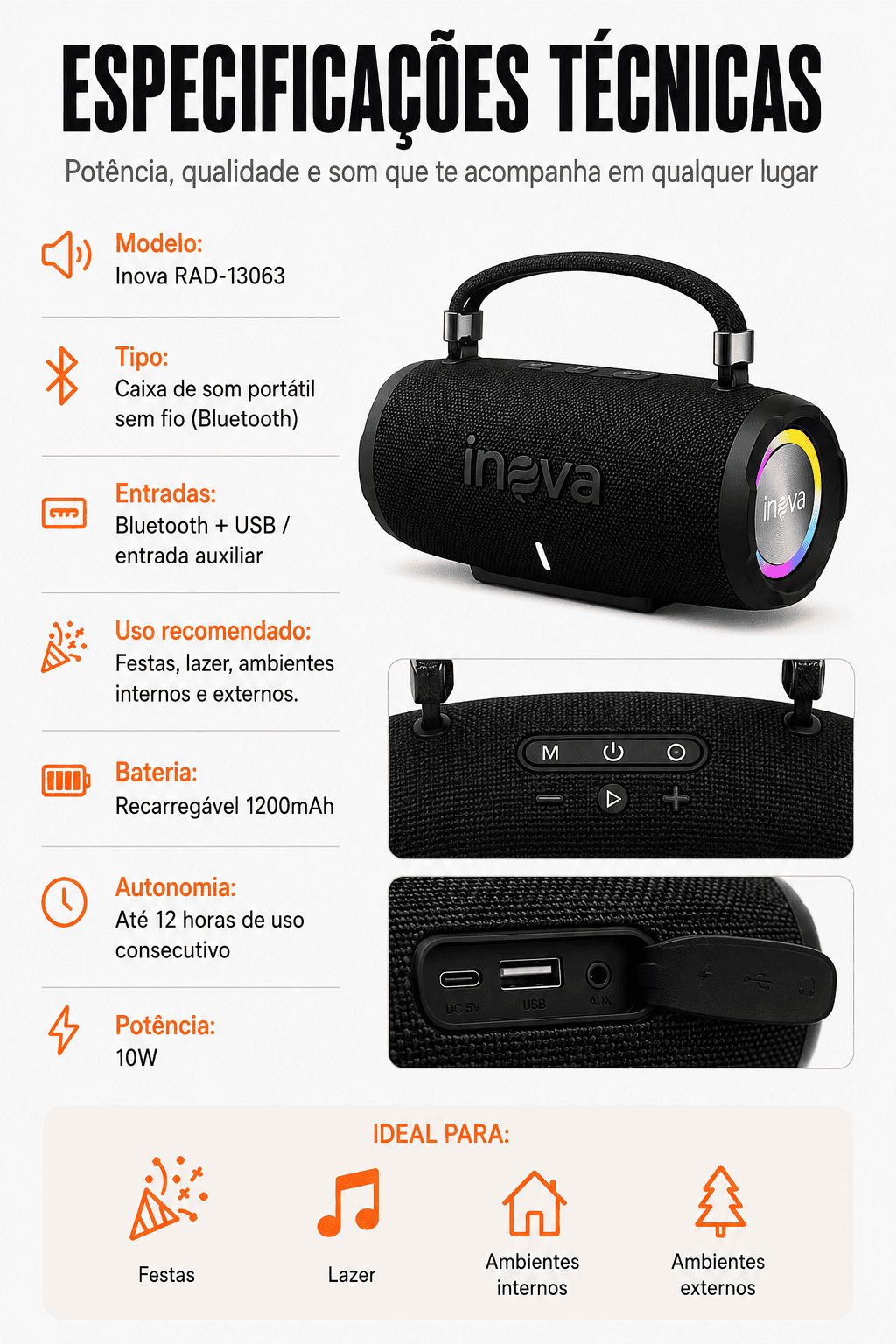 INOVA Caixa de Som Bluetooth 5.4 com Música 12 Horas por Dia - Som Estéreo Explosivo, Luzes RGB Coloridas, Impermeável IPX6 - Sua Companheira Perfeita para Praia, Acampamento e Festas — imagem 7