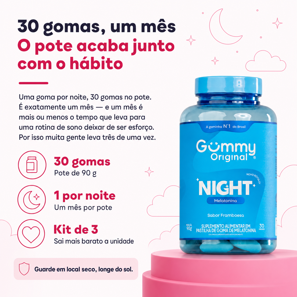 30 gomas por pote, uma por noite, um mês de uso