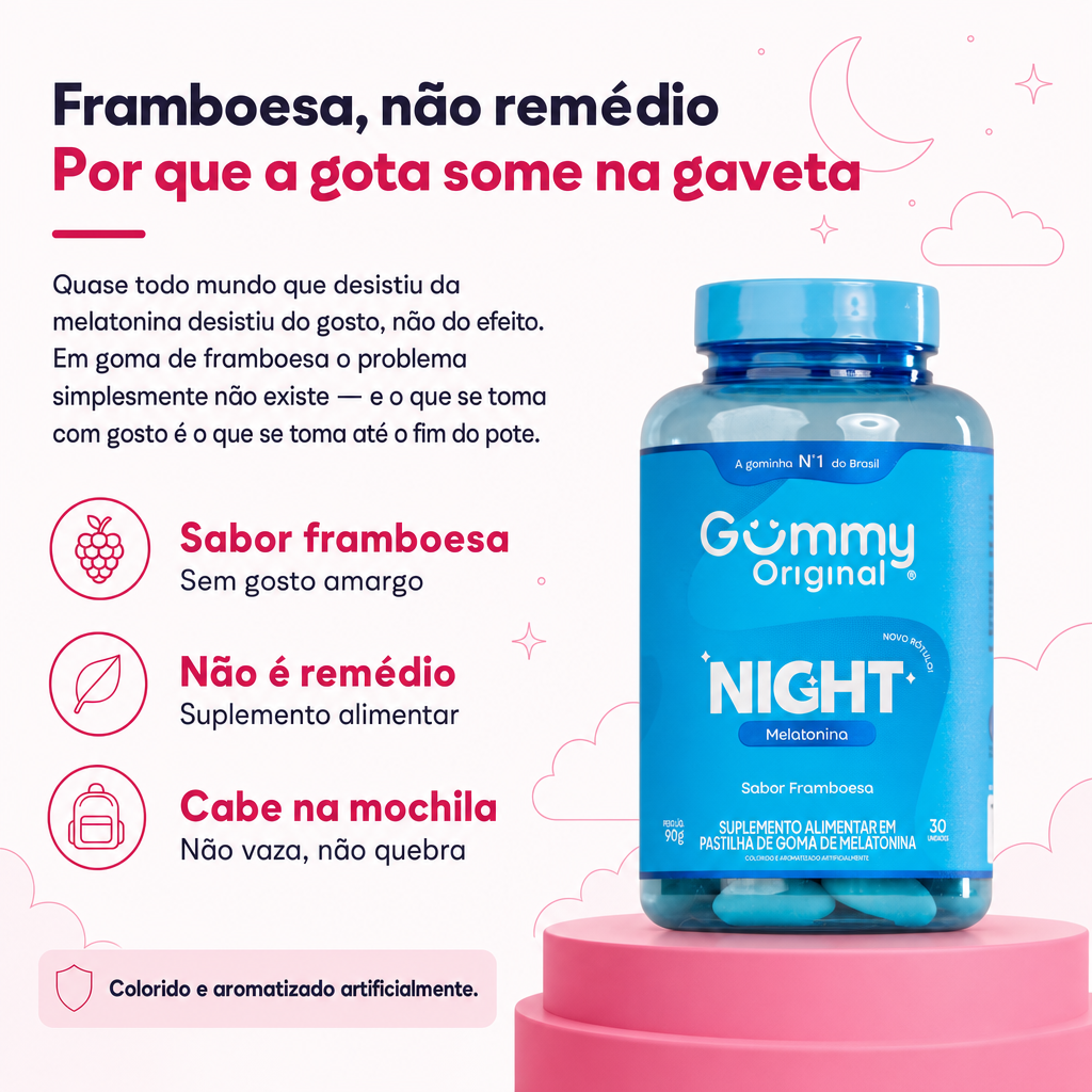 Sabor framboesa, sem gosto amargo de remédio