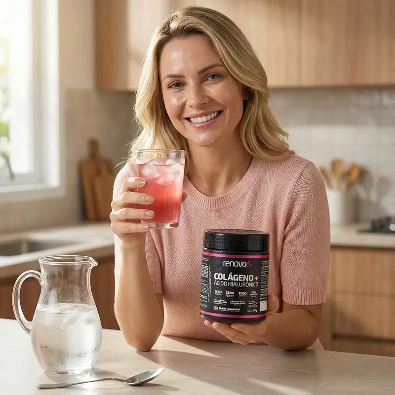 Mulher na cozinha segurando o pote sabor Cranberry e um copo da bebida