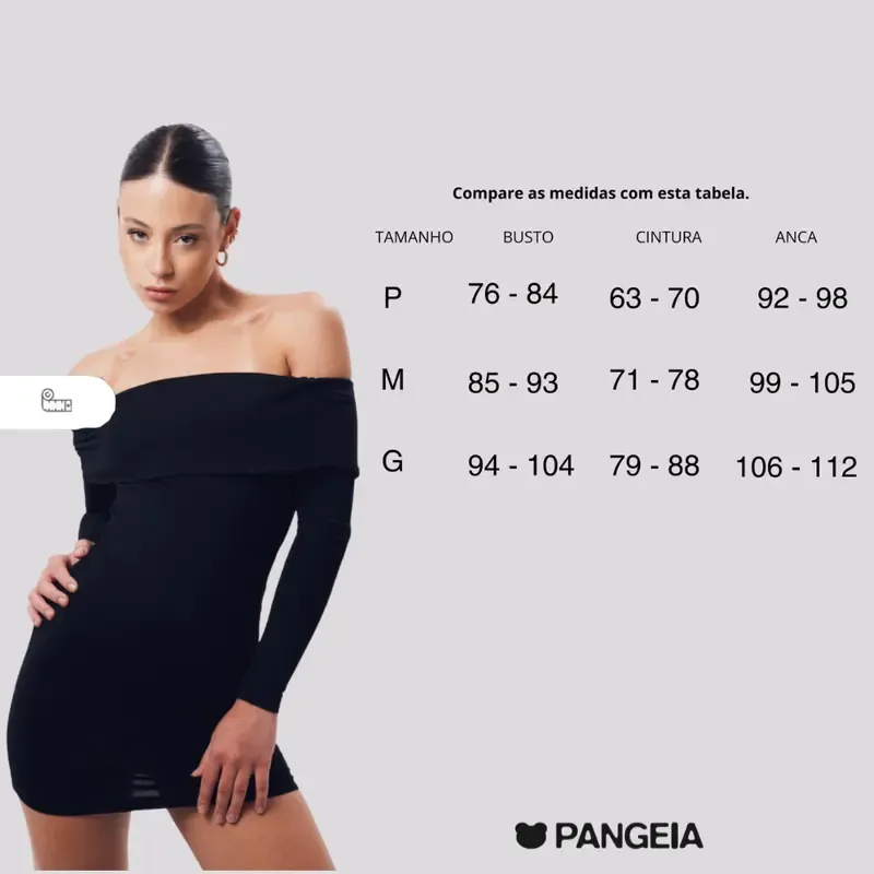 Tabela de medidas P, M e G com busto, cintura e anca em centímetros